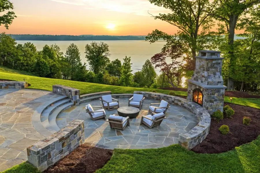 Firepit at sunset, river beyond