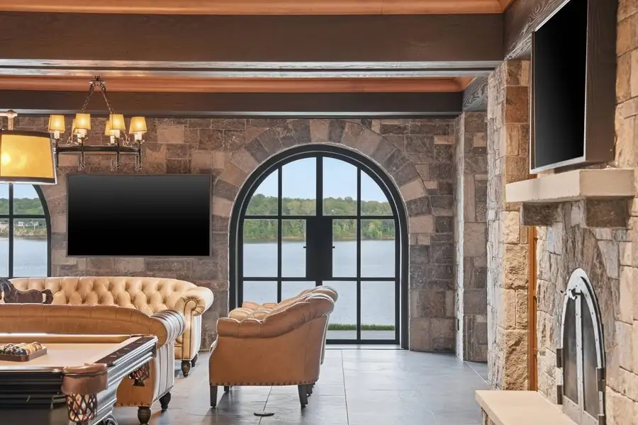 Intimate stone-arched lounge